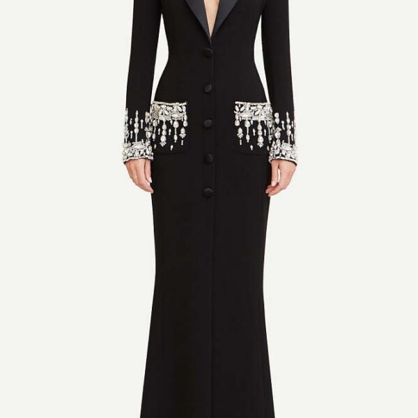 ÉTOILÉVA™ Crystal-Fringe Satin Column Gown