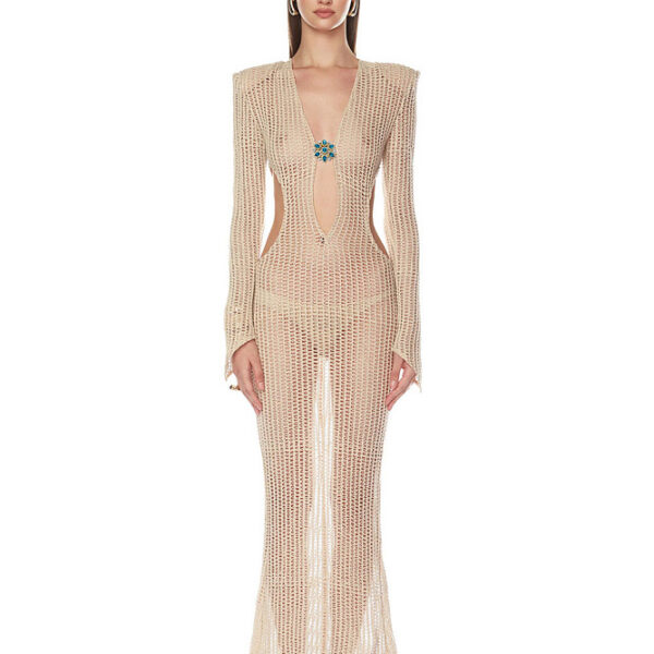 AZURÉLIS™ Jeweled Open-Knit Sculpted Maxi Gown — Champagne
