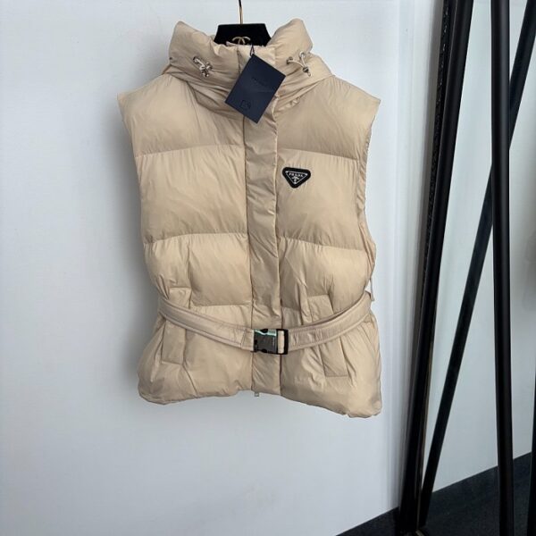 Prada Belted Hooded Quilted Puffer Vest | Sand Beige
